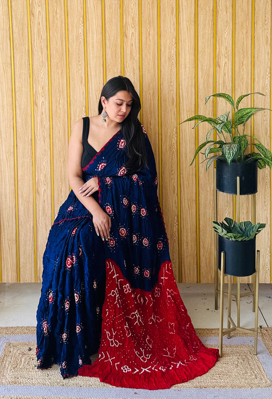 Traditional Gulti Bandhani Saree – Blue with Red Accent