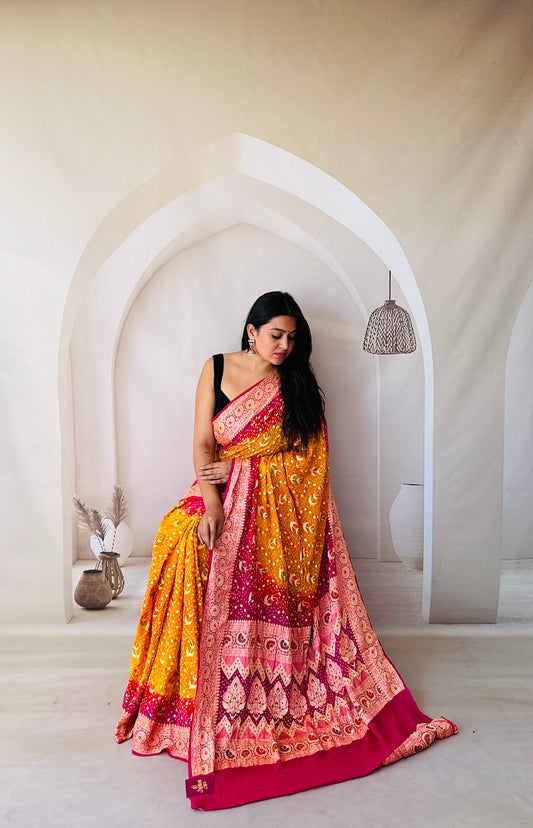 Pink and Bright yellow Banarasi Bandhani Saree
