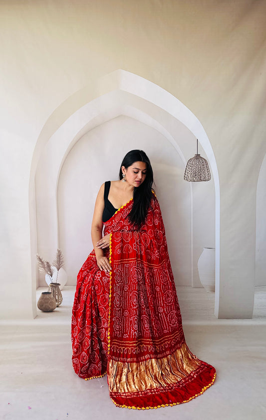 Tradition luxe Red Bandhani saree