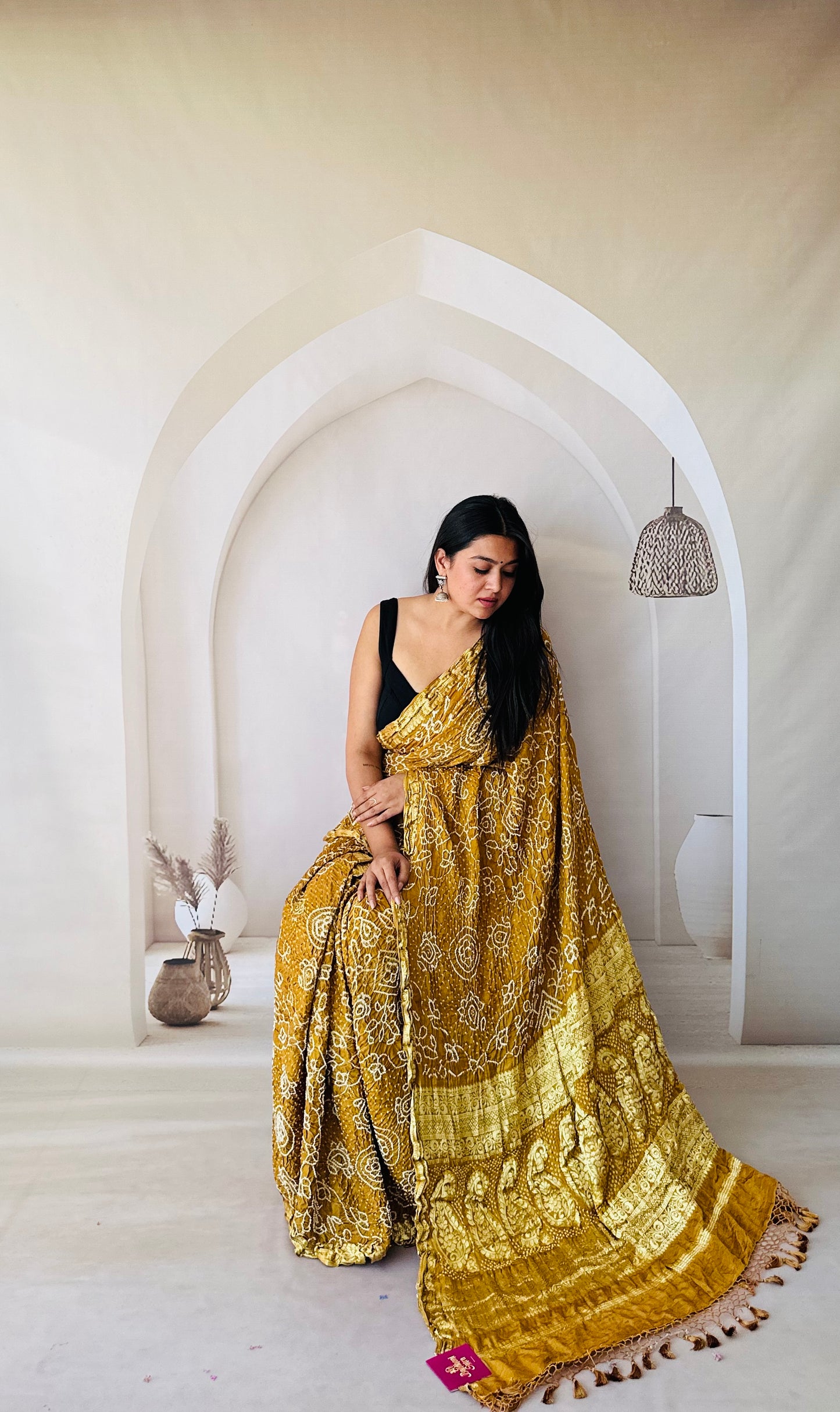 Sangam golden Bandhani saree