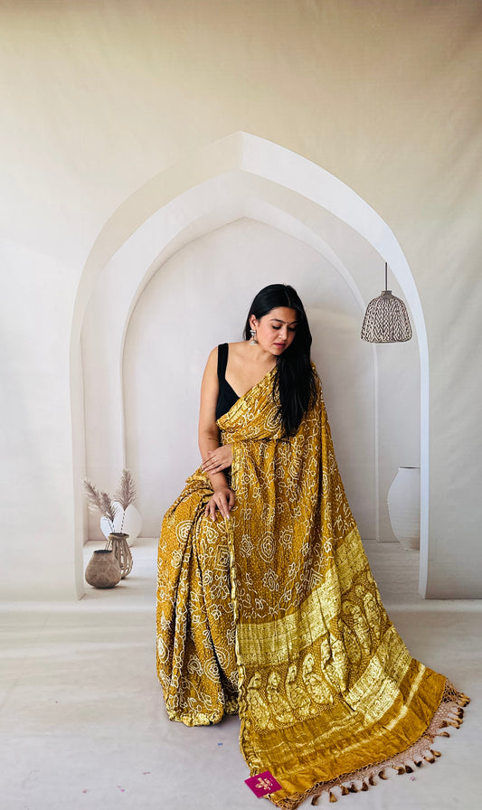Sangam golden Bandhani saree