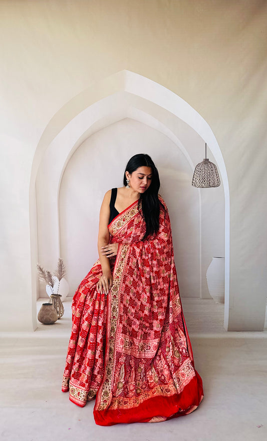 Red Jali Banarasi Bandhani Saree