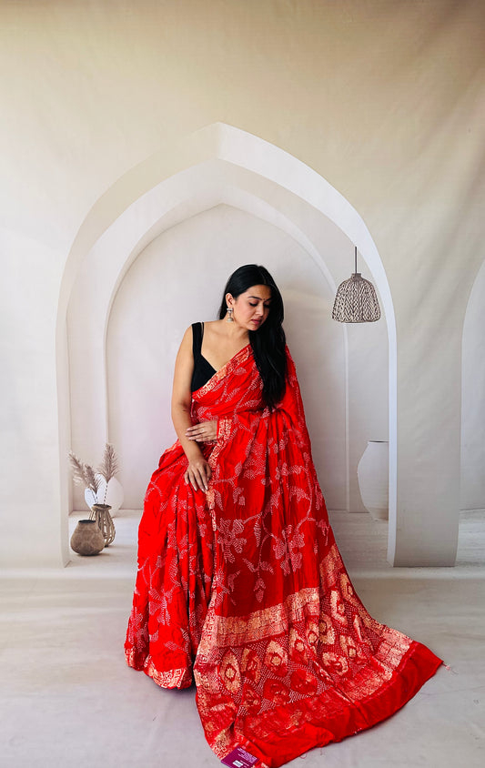 Silk charm hot Red Bandhani saree