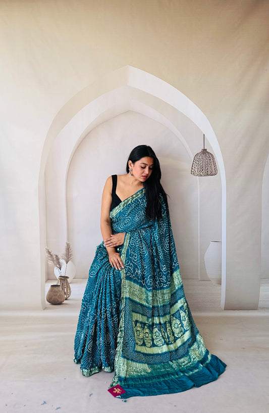 Sangam Teal Blue Bandhani Saree