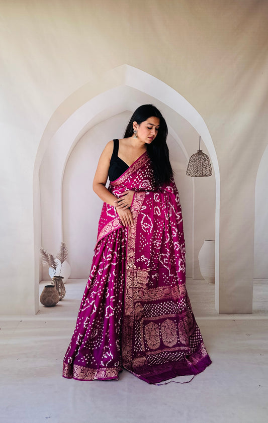 Enchanting Weaves Wine bandhani saree