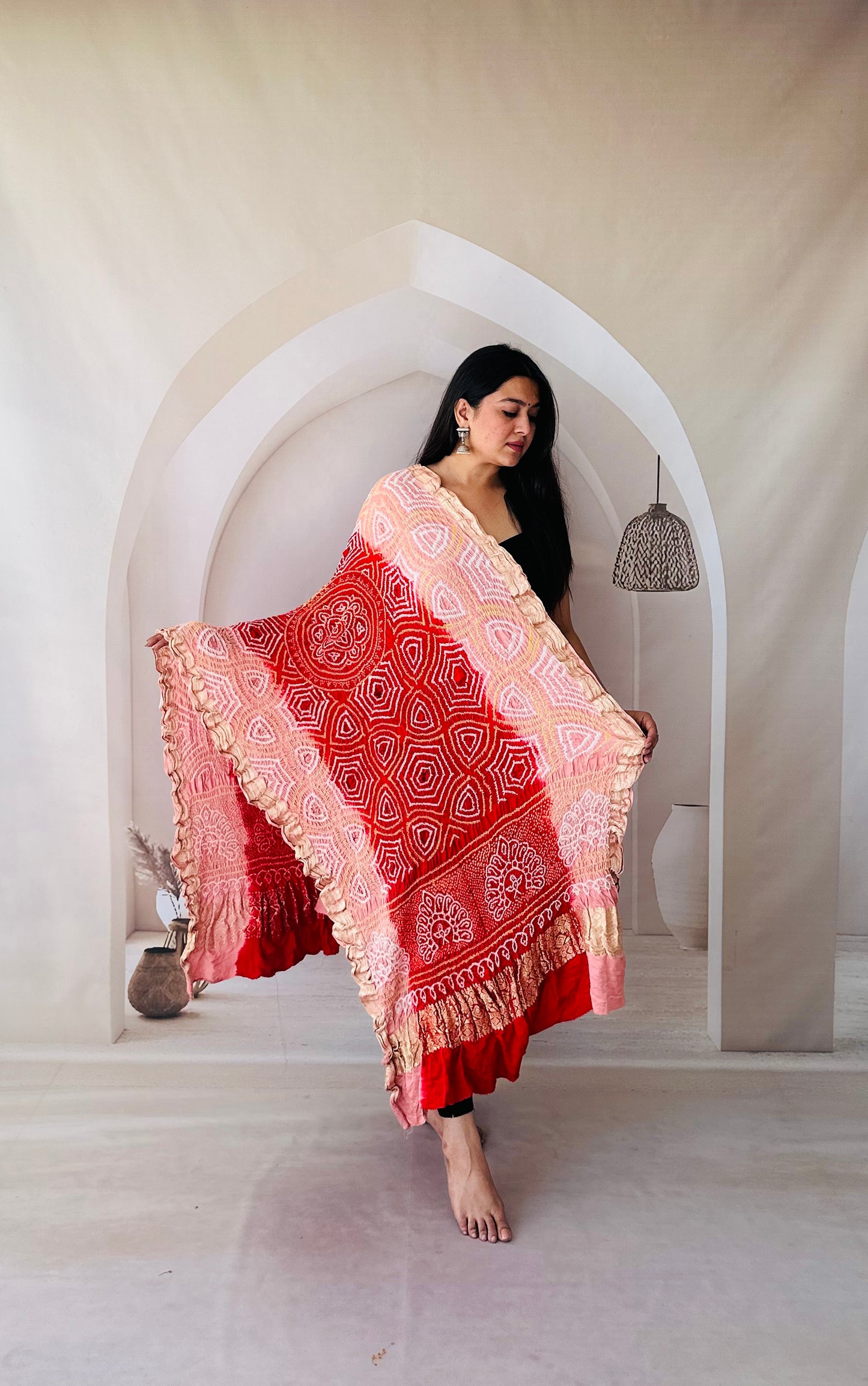 Red and Beige Rai Bandhej Dupatta