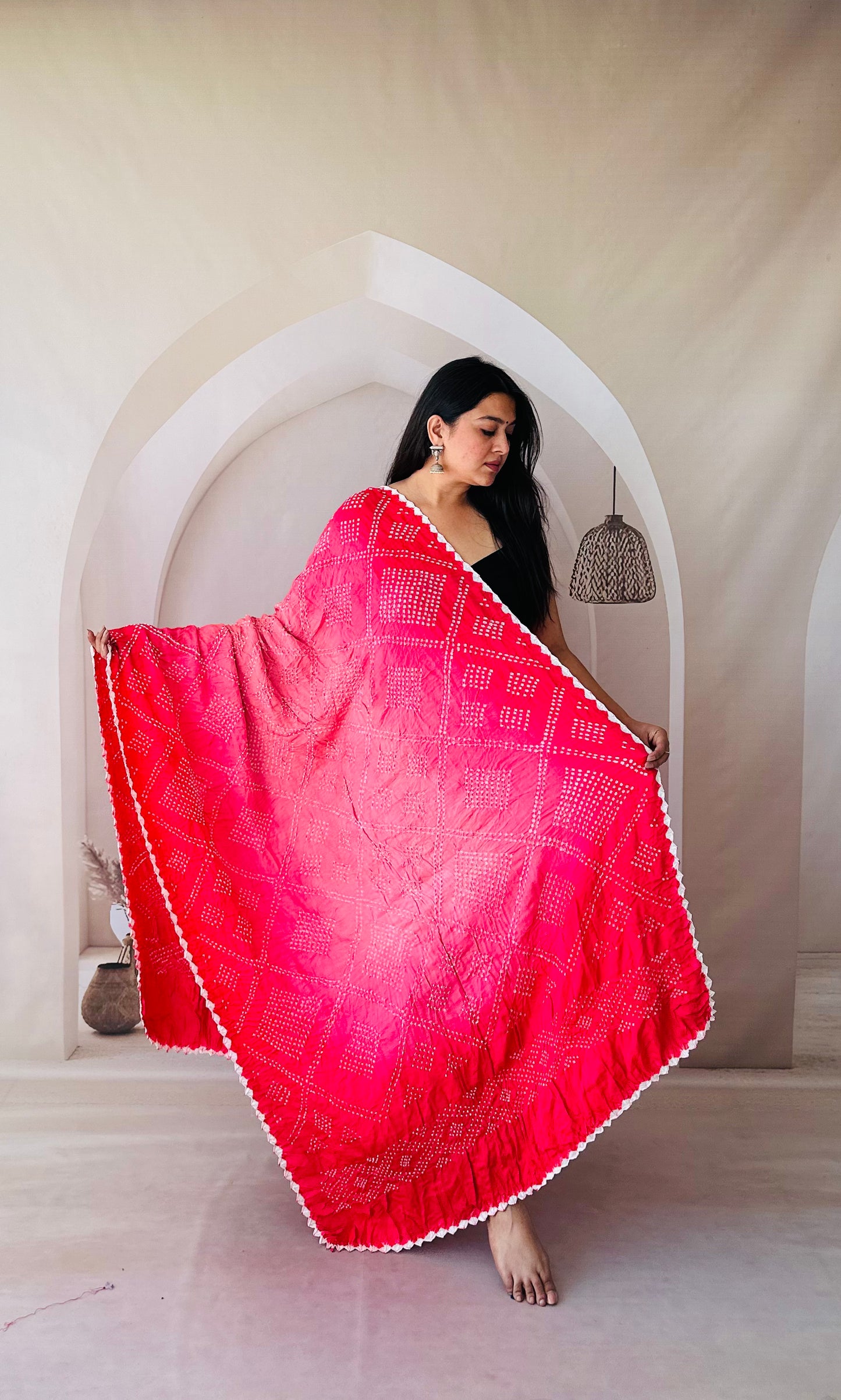 shaded pink peach rai bandhej dupatta