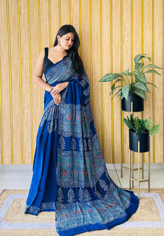 Floral Fantasy blue block print saree