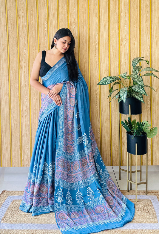 Floral Fantasy light blue block print saree