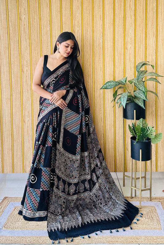 Nomadic beauty red and black Ajarakh block print saree