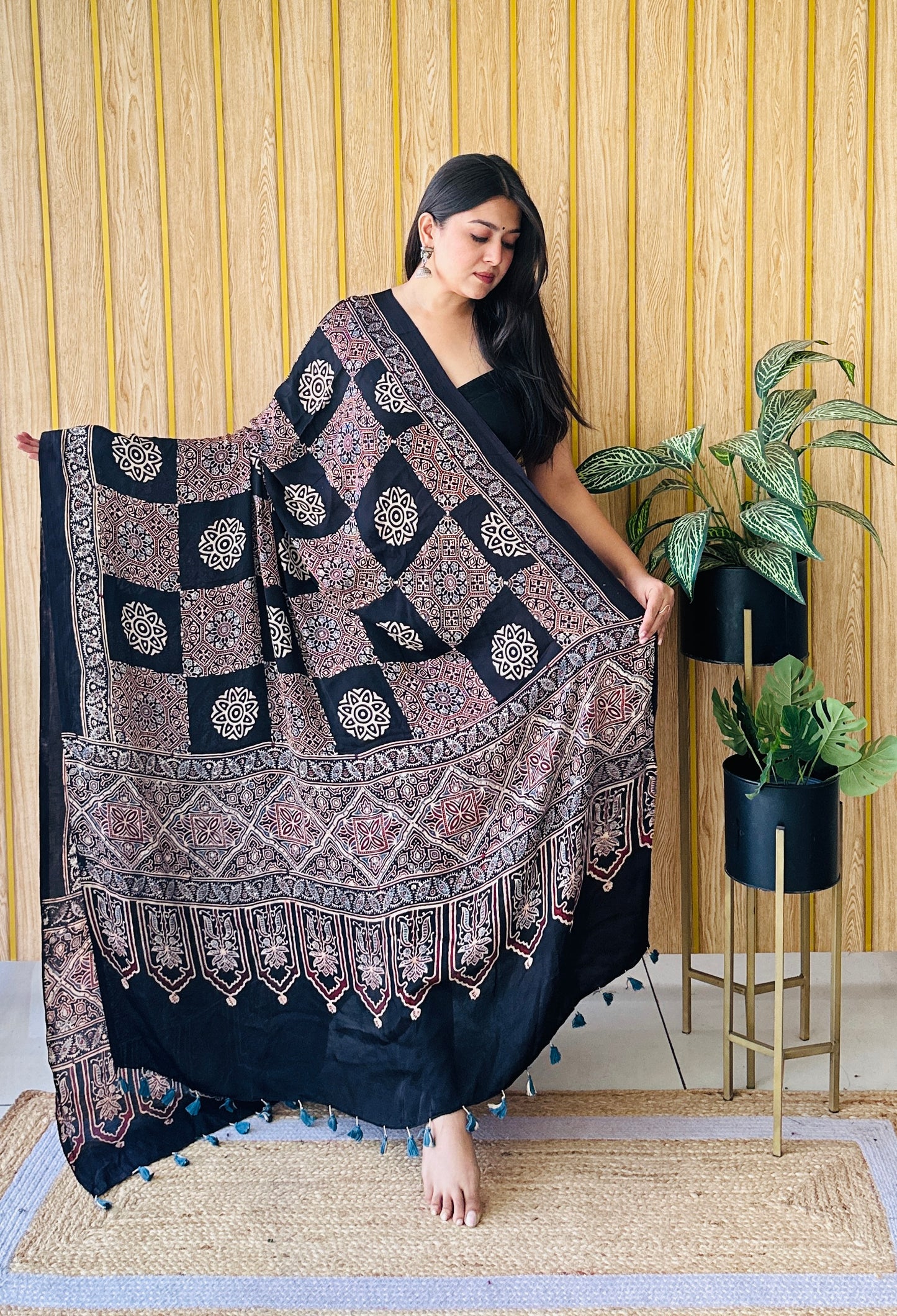 Elegant drift Ajarakh black dupatta