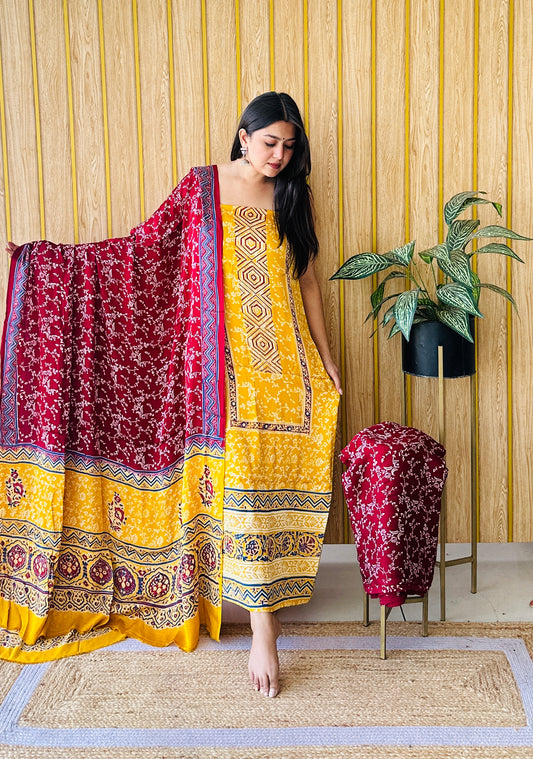 Soft touch red and yellow dress material
