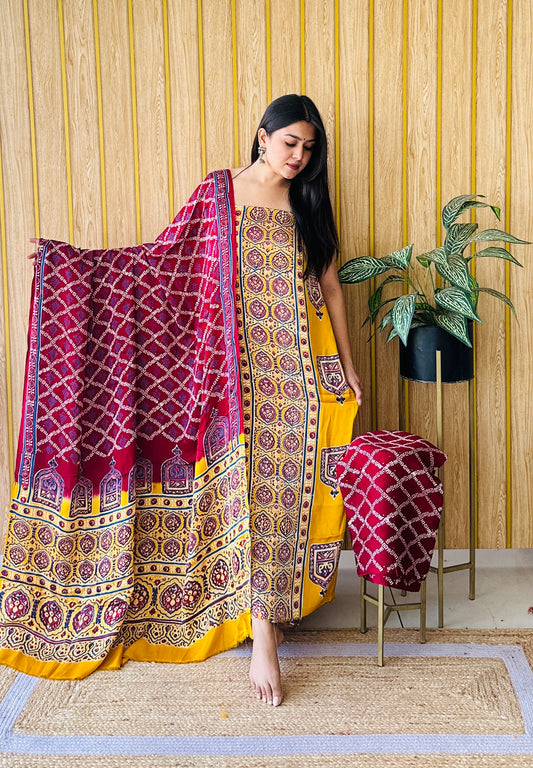 Timeless print red and yellow dress material