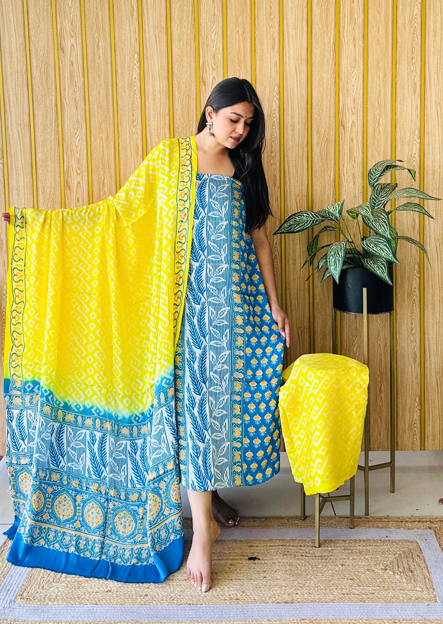 elegant imprint bright yellow and sky blue dress material