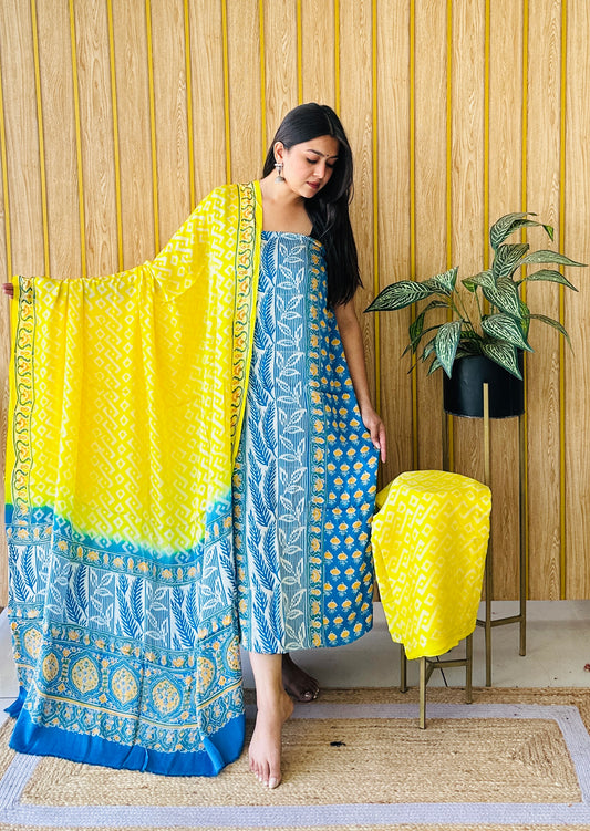 elegant imprint bright yellow and sky blue dress material