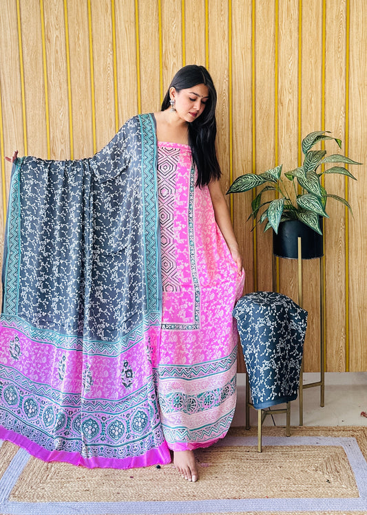 heritage silk light pink and grey dress material