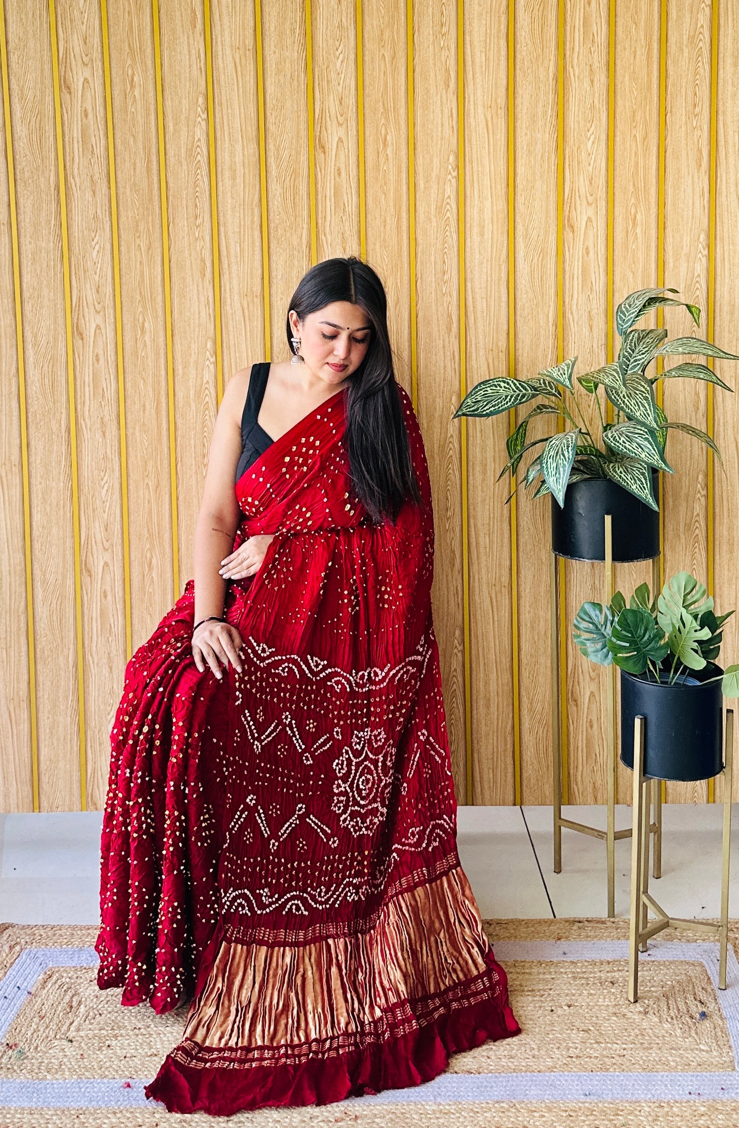 Eternal bloom blood red bandhani saree