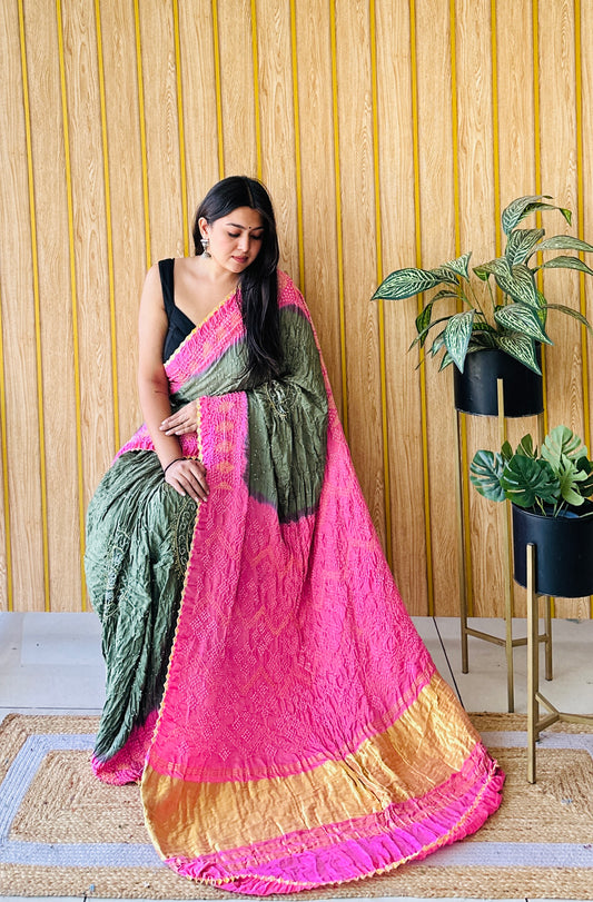 sangam neon pink and grey bandhani saree