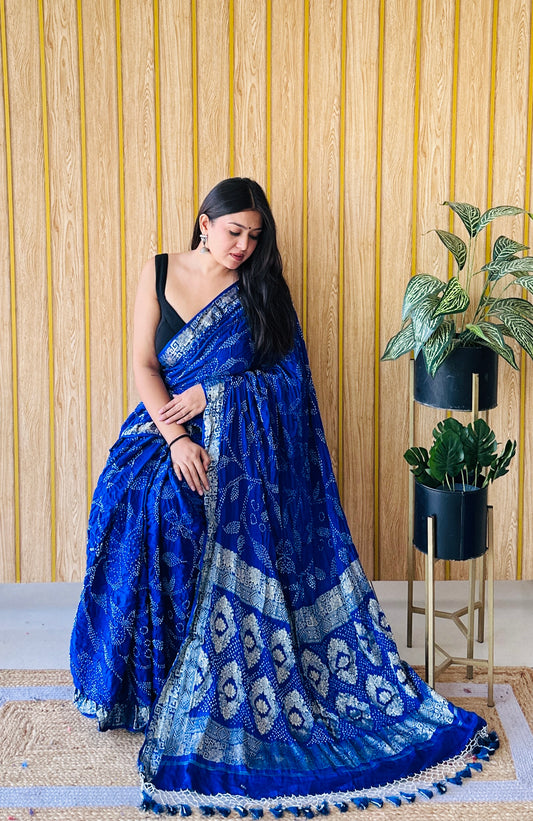 Royal raga royal blue bandhani saree