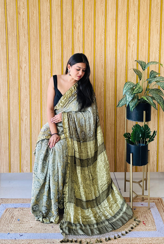 Artisan mark olive light dark bandhani saree