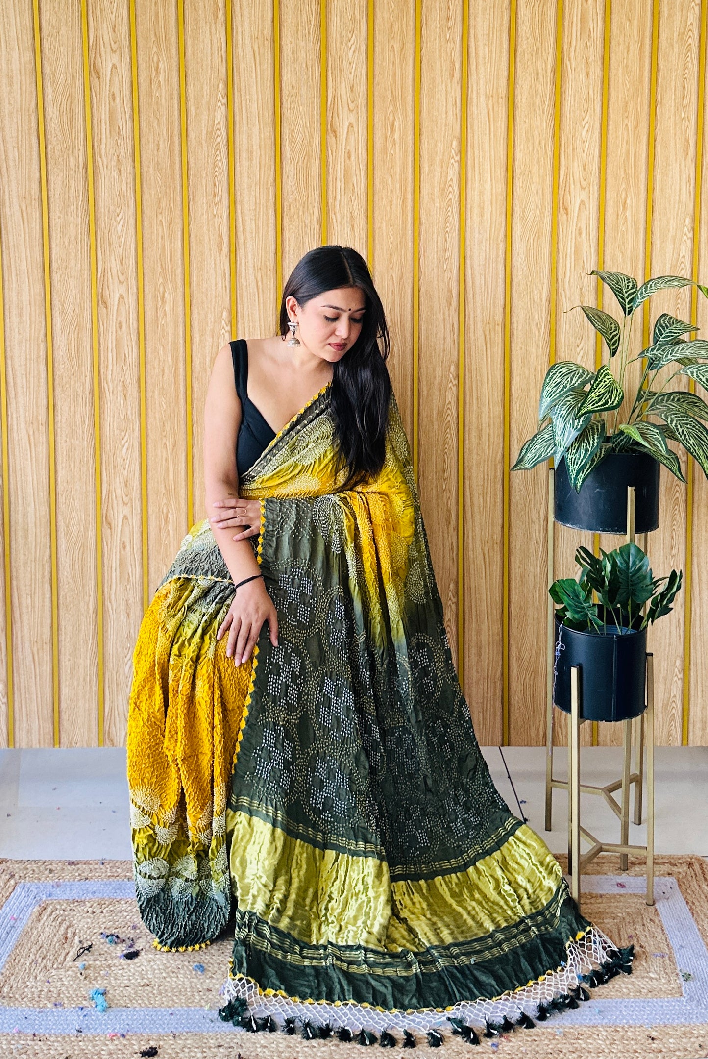 Focal elegance mustard yellow and green bandhani saree