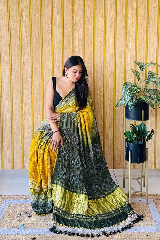 Focal elegance mustard yellow and green bandhani saree