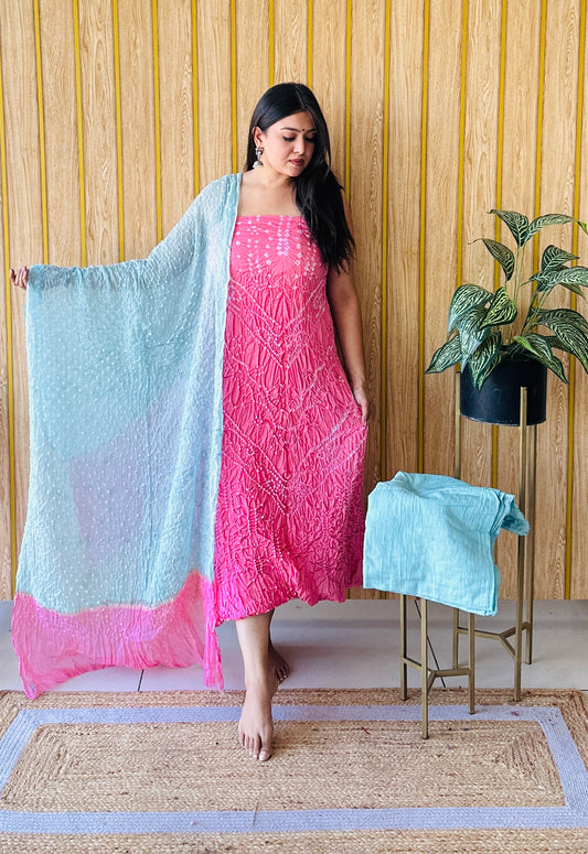 Premium cotton light blue and pink bandhani dress material