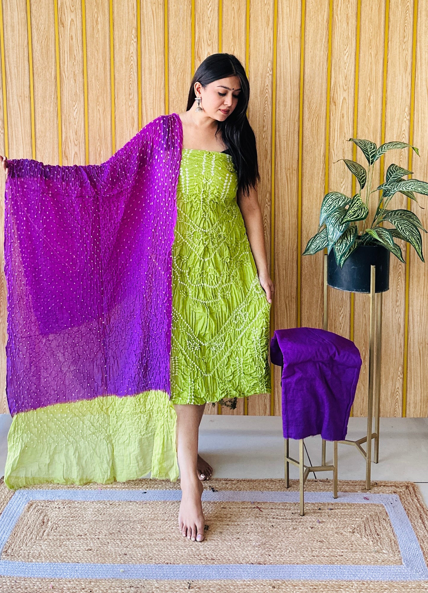 premium cotton purple and parrot bandhani dress material