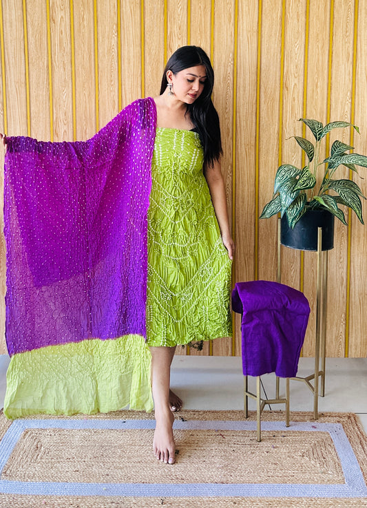 premium cotton purple and parrot bandhani dress material