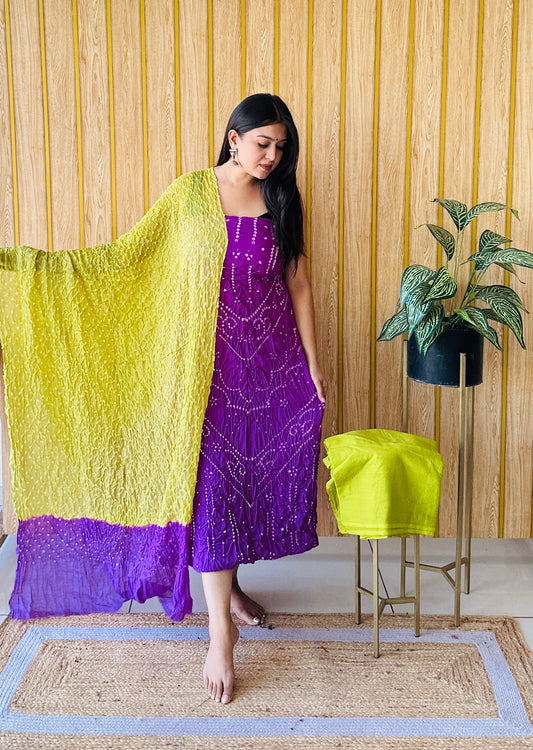 Premium cotton light dark purple and parrot bandhani dress material