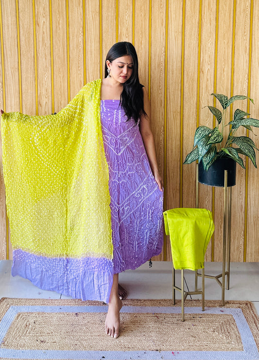 premium cotton light lavender and parrot bandhani dress material