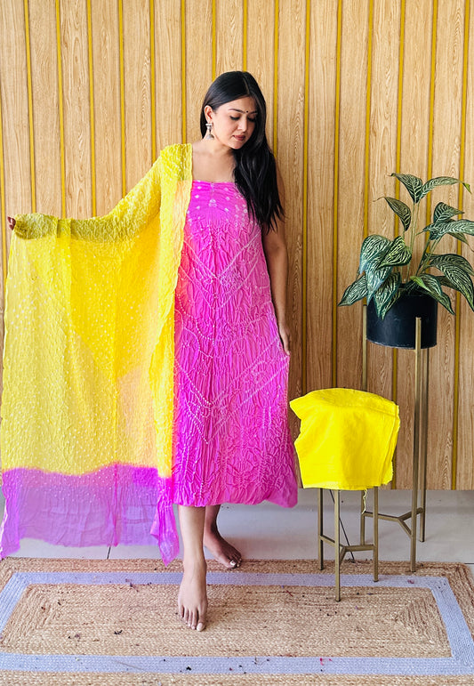 premium cotton hot pink and bright yellow bandhani dress material