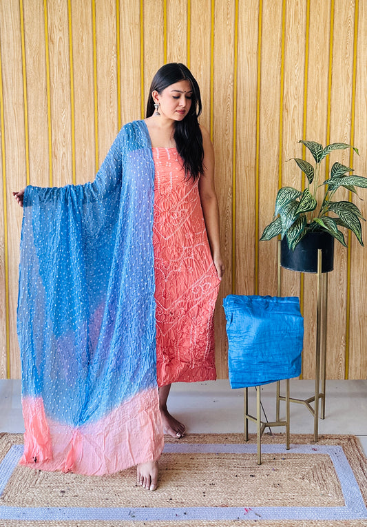 premium cotton sky blue and rust orange bandhani dress material