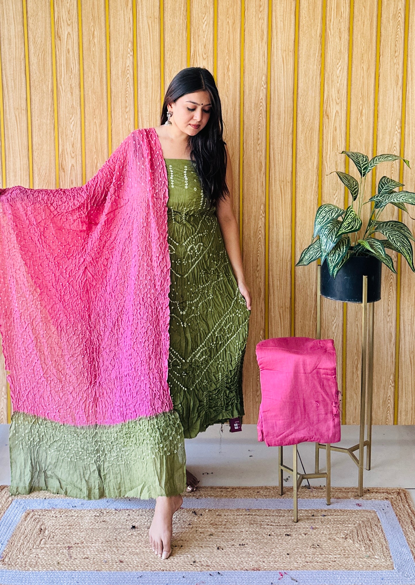 premium cotton mahendi green and dark pink bandhani dress material