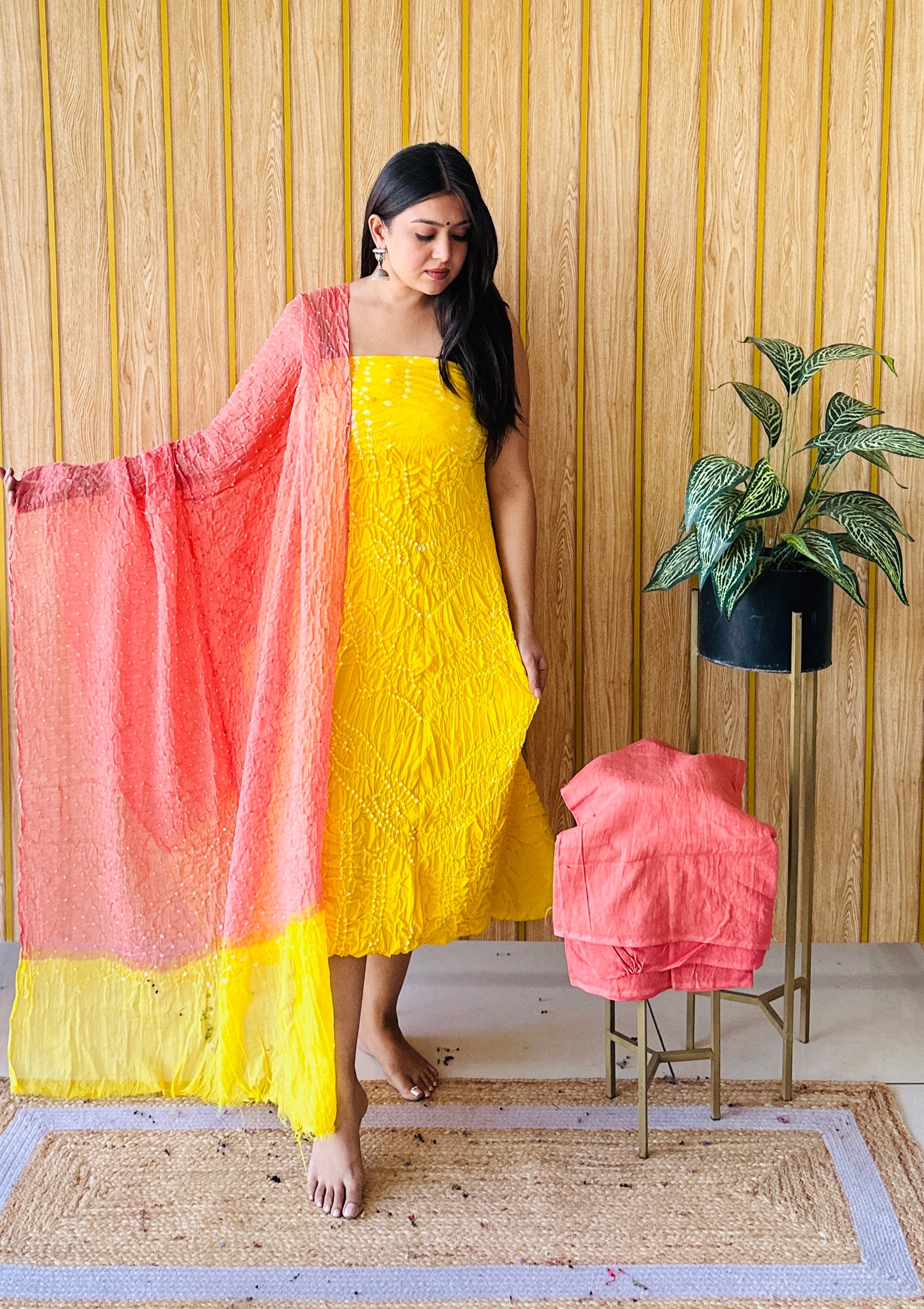 premium cotton bright yellow and rust orange bandhani dress material