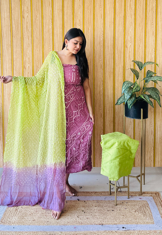 premium cotton light parrot green and light purple bandhani dress material