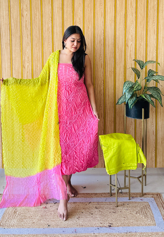 premium cotton hot pink and bright yellow bandhani dress material