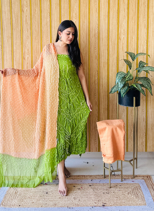 premium cotton light rust orange and parrot green bandhani dress material