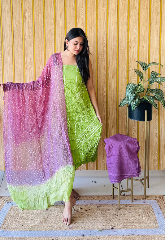 premium cotton purple and parrot green bandhani dress material