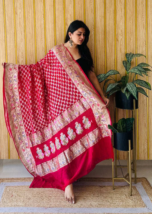 Banarasi bandhani luxe strawberry pink dupatta