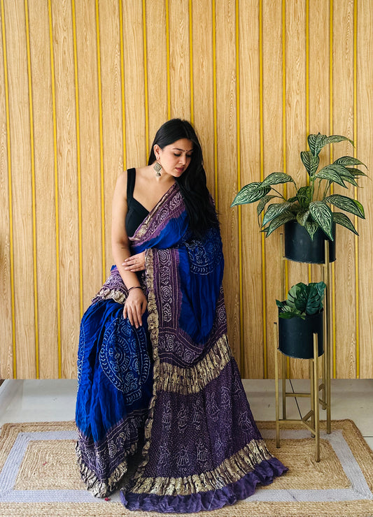 Bandhani bliss royal blue and grey bandhani saree