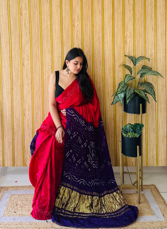 kasumbo  pink and purple bandhani saree