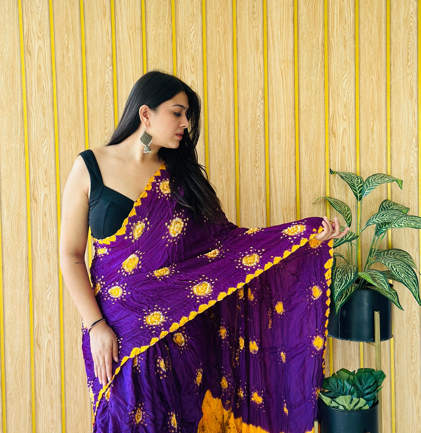 Phoolbari – Purple & Yellow Gulti Bandhani Saree in Modal Silk