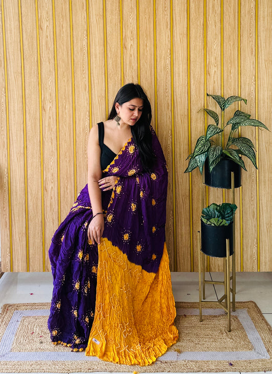 Phoolbari – Purple & Yellow Gulti Bandhani Saree in Modal Silk