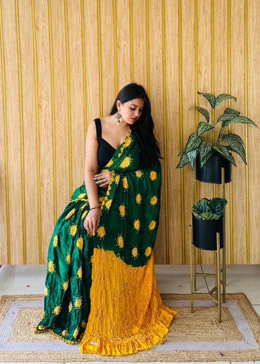 Hari Pankh – Yellow & Green Gulti Bandhani Saree in Modal Silk