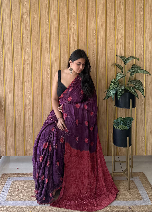 Neelgulab – Magenta & Purple Gulti Bandhani Saree in Modal Silk
