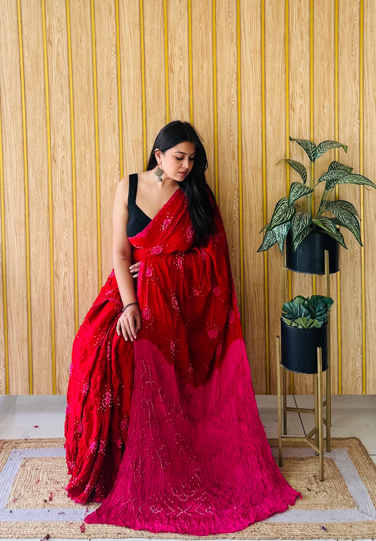Gulaab Sindoor – Red & Hot Pink Gulti Bandhani Saree in Modal Silk