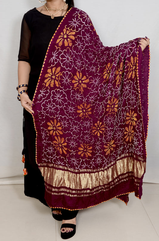 Dark Purple mutlti floral rai bandhej Dupatta