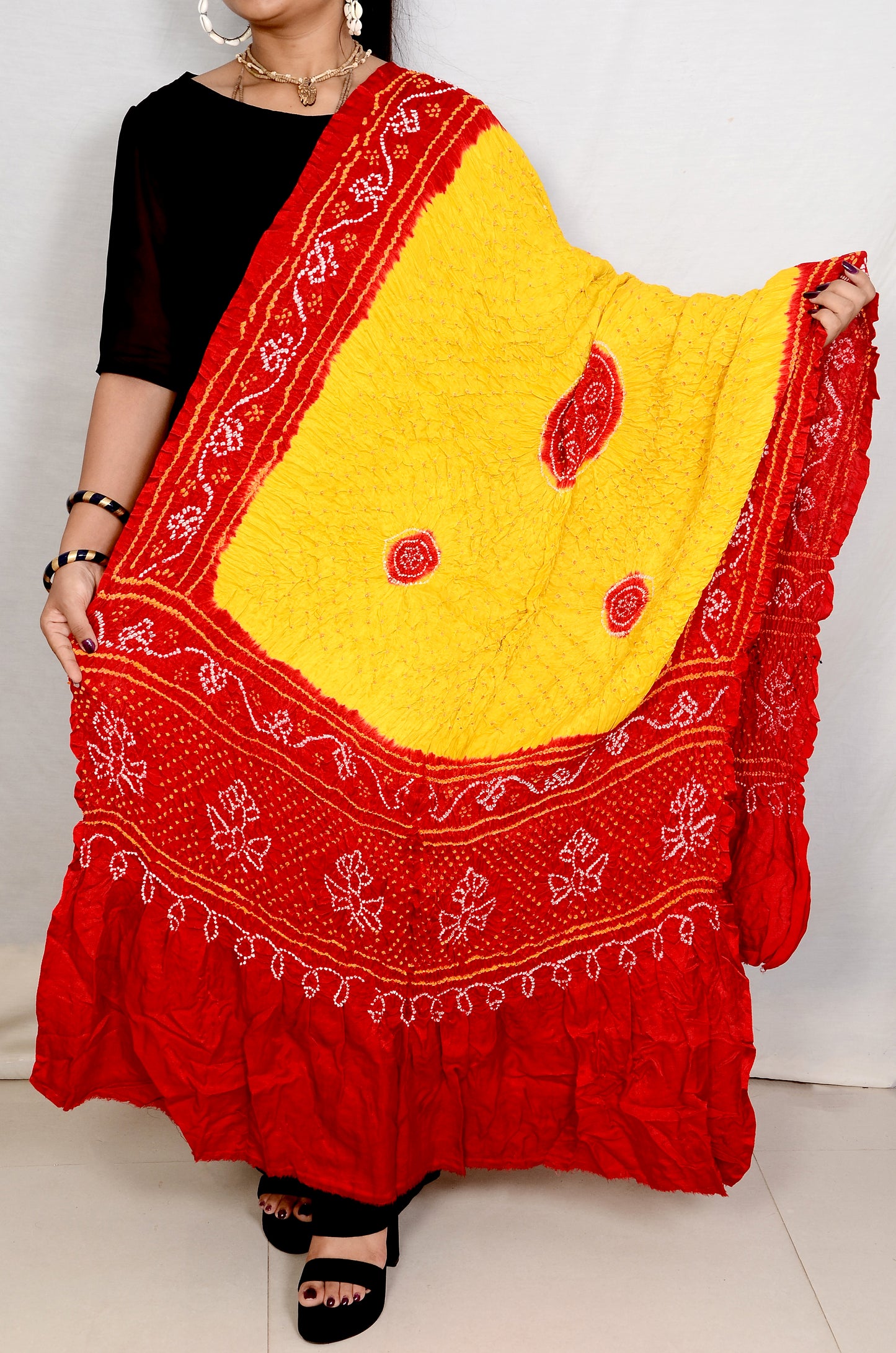 bright yellow and red rai bandhej dupatta