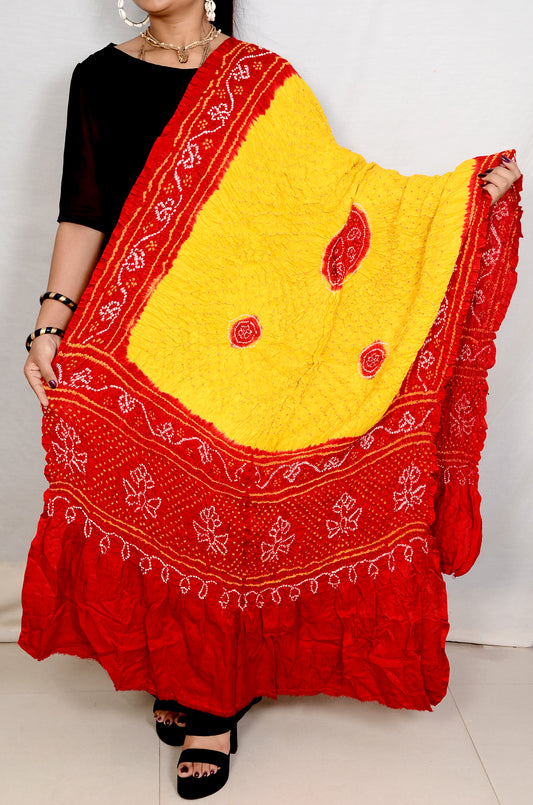 bright yellow and red rai bandhej dupatta